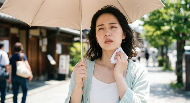 日傘をさし汗を拭う夏の若い女性 Generative AI