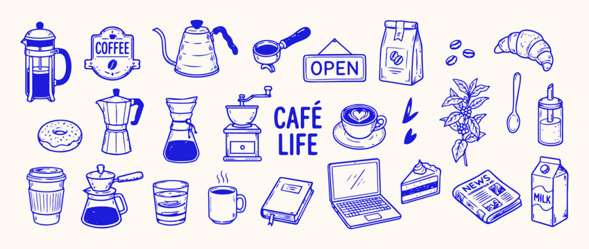 Cafe Life Collection: A charming collection of hand-drawn illustrations depicting various elements associated with cafe culture, including coffee makers, pastries, and office supplies.