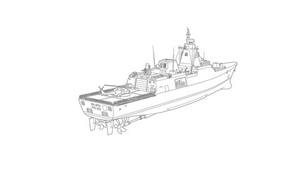 Line drawing of a military warship with a pointed bow and tower-like structure on a white background. © Dhiyak Boneto