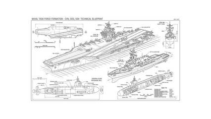 Technical drawing of various naval vessels including an aircraft carrier with detailed diagrams and labels on a white background. © Dhiyak Boneto