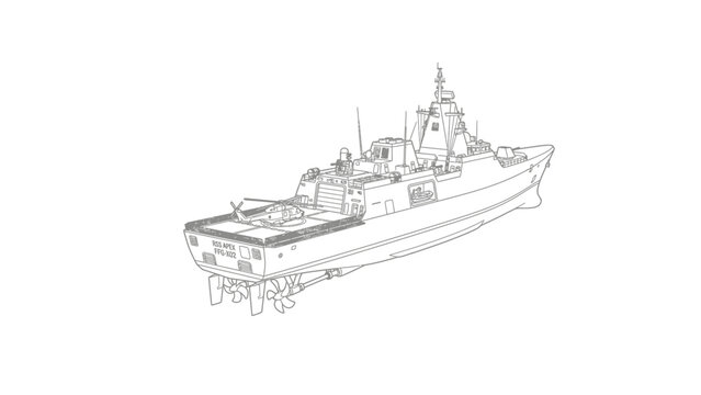 Line drawing of a military warship with a pointed bow and tower-like structure on a white background.