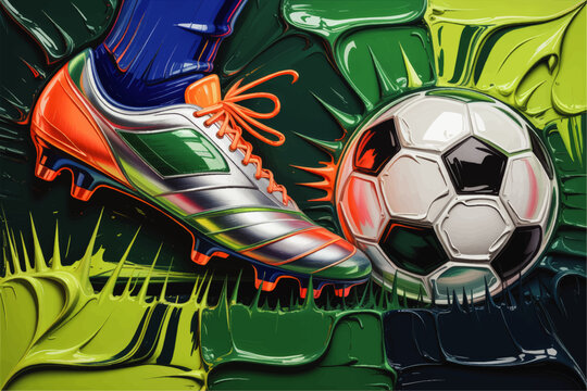 Colorful abstract soccer boot kicking ball on glossy green field, dynamic sports illustration for football poster and youth event design