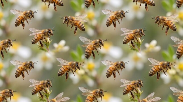 Bee Pattern: A repeating pattern of industrious honeybees flying amidst delicate white wildflowers, showcasing nature's intricate beauty and the vital role of pollinators in the ecosystem.