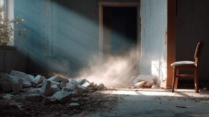 Fototapeta premium Dust motes dancing in sunbeams: A derelict room, illuminated by shafts of sunlight streaming through a window, reveals dust motes suspended in the air, dancing above a pile of rubble.