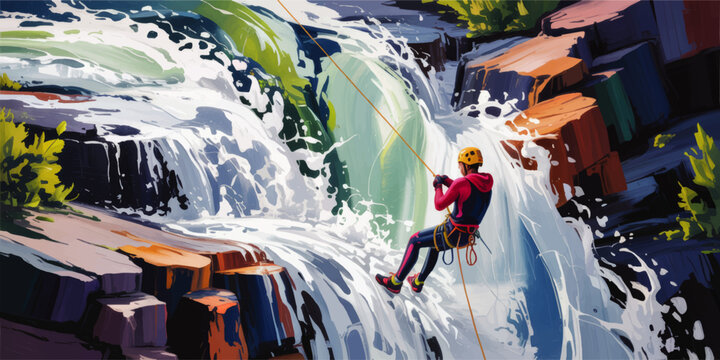 Colorful vector illustration of canyoning adventurer rappelling down powerful waterfall, extreme outdoor sport, summer mountain landscape