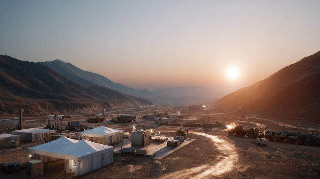 Military Base in Desert Valley: A military outpost set up in a remote desert valley, with tents and vehicles spread out under a clear sky at sunset.