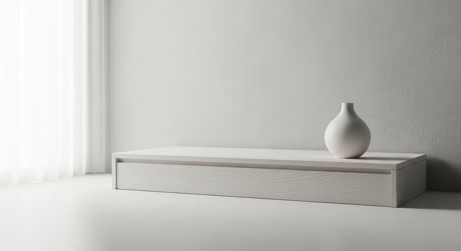 Elegant Scandinavian minimalist white oak platform shelf with integrated drawer for modern home decor display