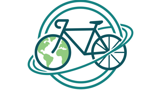 Eco-friendly cycling logo with bicycle, globe, and circular arrows, representing sustainable transport
