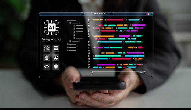 A sleek coding assistant powered by AI, displaying colorful code lines on a handheld device, set in a modern business environment promoting technology and innovation. Cyphers