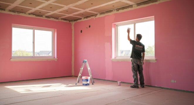 Painter in pink room, windows open, ladder & paint, interior construction