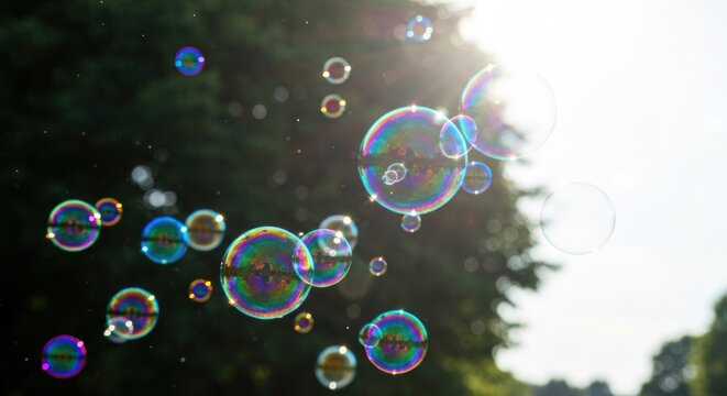 Floating, iridescent bubbles gleam in sunlight against a tree-lined background