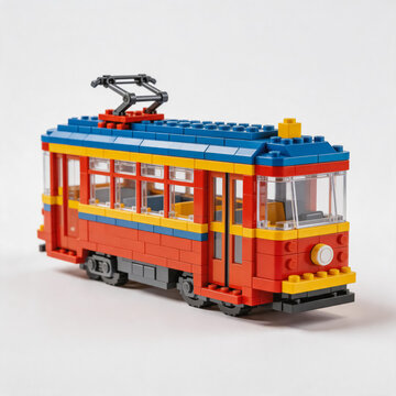 A detailed LEGO brick built vintage electric tram model, featuring red, blue and yellow color scheme, clear window panels and functional pantograph on the roof.