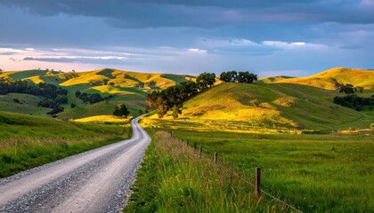 Naklejka premium A gravel road winds through rolling, sunlit green hills under a partly cloudy sky