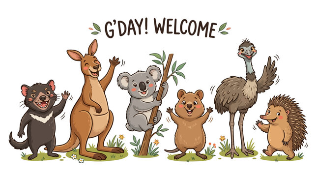 G'day Welcome Australian Animals Greeting Vector Illustration