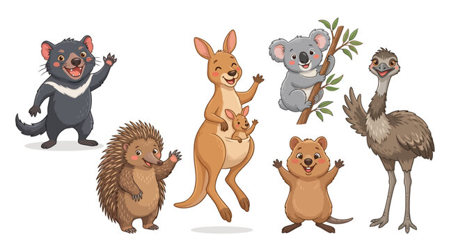Collection of Australian Wildlife Cartoon Characters Vector Illustration