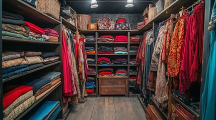 Obraz premium Vintage clothing and accessories displayed in a well-organized walk-in closet