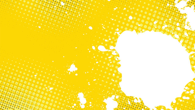 A yellow background with a messy halftone pattern smeared with large white droplets.