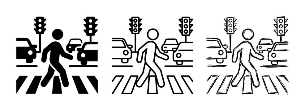 Pedestrian Crossing Icons, Traffic Signals, Cars, Crosswalk Safety Vector Set
