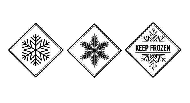 Three frozen food safety icons featuring snowflakes and a keep frozen label for packaging.