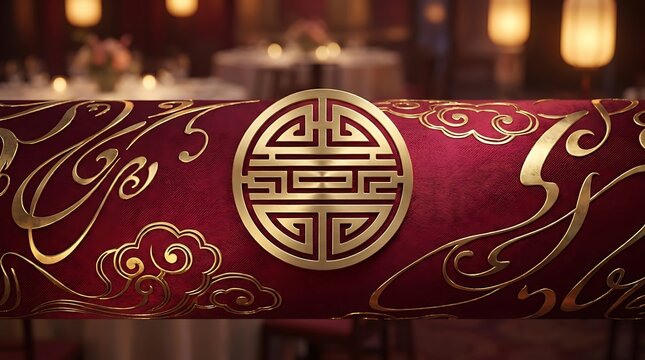 Golden Chinese longevity symbol on rich red fabric with traditional auspicious patterns and elegant blurred background