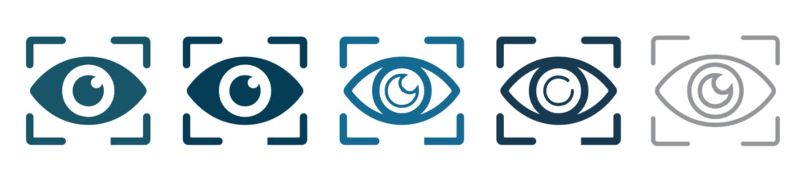 Biometric eye scanning and camera focus target icon elements. iris digital identification system and surveillance tracking system interface signs for UI UX template. vector illustration.