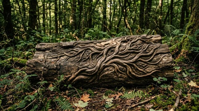 Detailed wood carving of organic root patterns on a fallen tree trunk in a forest setting, showcasing natural artistry.