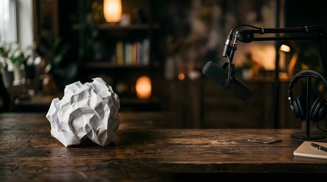 Crumpled paper ball on desk with broadcast microphone in home studio