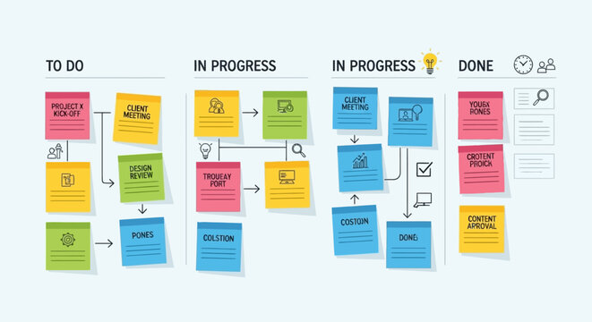 Kanban Board Project Management Workflow with Sticky Notes