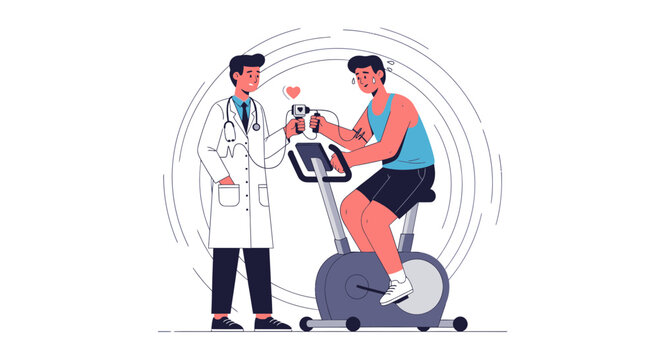 Doctor checking athlete's heart rate during exercise stress test on stationary bike.