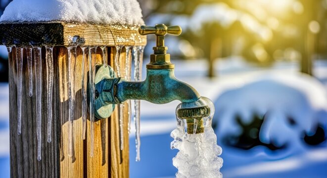 Frozen outdoor water faucet in winter.