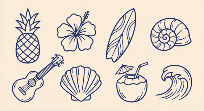 Vintage tropical summer icons set, hand drawn beach vacation vector elements, blue line art illustrations of pineapple hibiscus surfboard and ukulele