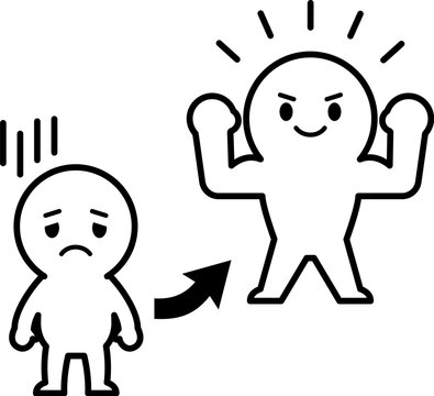 虚弱な状態からパワフルになった人物のモノクロデフォルメイラスト