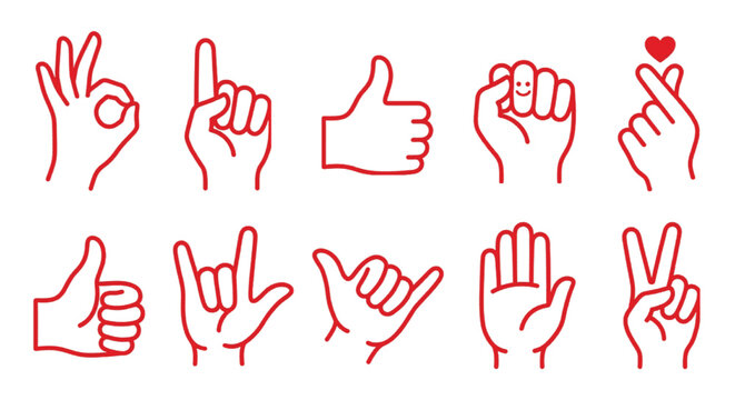 Minimalist red line hand gestures icon set, 10 human hand signs vector collection, thumbs up and finger heart symbols for social media communication