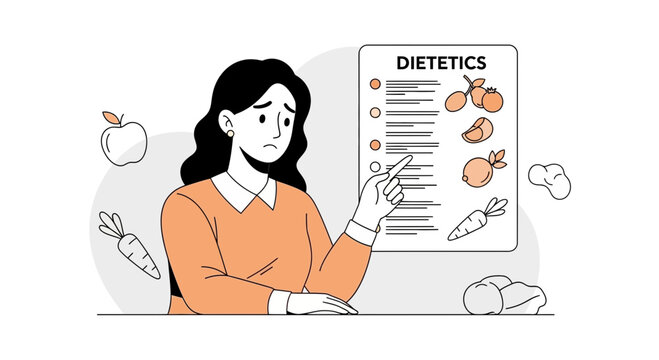 Confused Woman Reading Diet Plan List with Fruits and Vegetables Icons