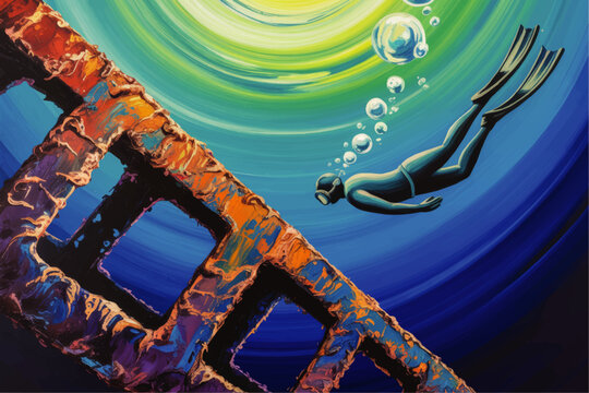 Surreal underwater diver exploring colorful shipwreck, abstract ocean waves, vibrant blue and orange seascape illustration