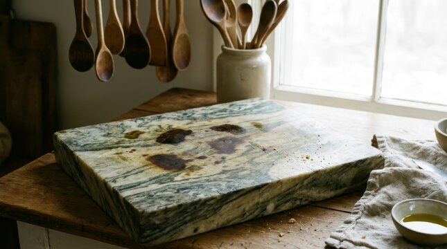 Marbled soapstone butcher block with natural oil absorption markings and wooden utensils in a rustic kitchen setting
