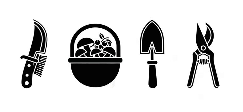 Diverse set of outdoor activity vector icons sharp gardening knife, bountiful harvest basket, sturdy planting trowel, and efficient pruning shears, ideal for nature and hobby designs