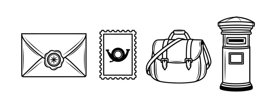 Monochrome line art icons of classic postal service elements an envelope, postage stamp, mailbag, and pillar box, symbolizing traditional communication and historical mail delivery
