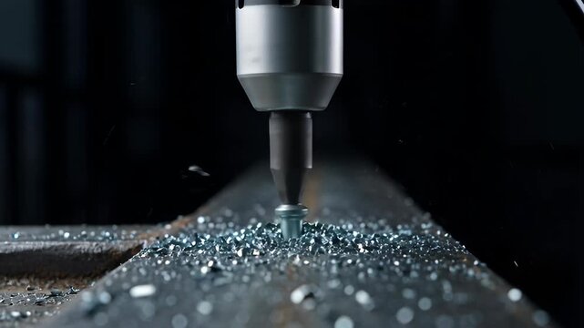 Drilling metal surface spark chip workshop tool closeup in dark industrial assembly steel plate precision drill bit