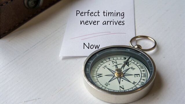 Compass pointing towards the word 'Now' on a note