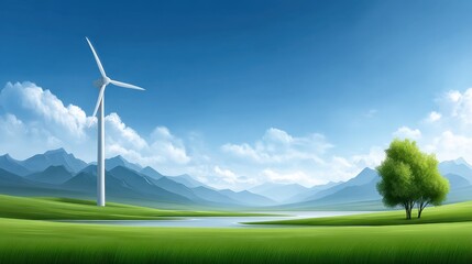 Obraz premium Serene Landscape with Wind Turbine, Green Grass, Blue Sky, Mountains, River, Single Tree, and Fluffy Clouds Under Bright Sunshine in a Nature Scene