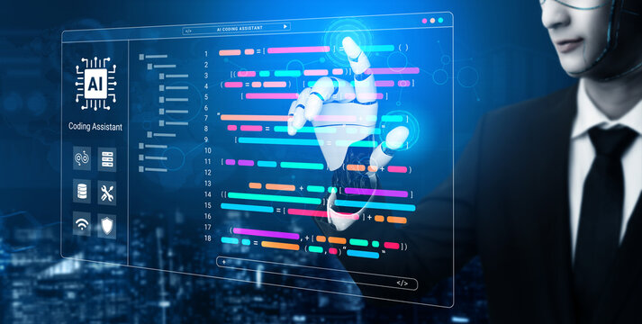 A robotic hand interacts with a digital interface displaying colorful data visualizations, representing advancements in technology, coding, and artificial intelligence. Cyphers