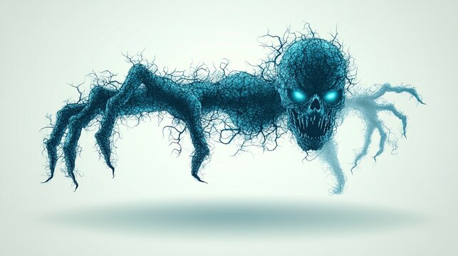 Ethereal blue spectral creature with skeletal skull and spidery tendrils hovering above the shadowed ground in a ghostly glow