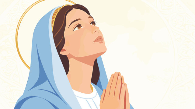 Illustration of the Virgin Mary praying with clasped hands and a halo, looking upwards with devotion and a serene expression.