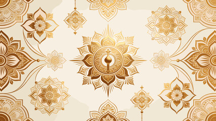 Elegant golden Thai traditional pattern with intricate floral and geometric motifs on a cream background, showcasing cultural artistry and decorative design. © Uchiha