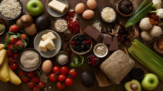 A thoughtful arrangement of fresh and nutritious food items from above, on a clean surface.