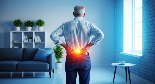 Man with Back Pain in Living Room.
