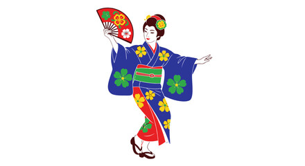 Japanese Woman Wearing Kimono Dancing with Fan Illustration