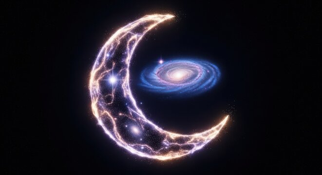 Cosmic Crescent Moon with Spiral Galaxy