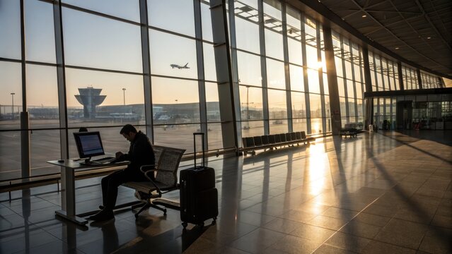 Man waits at empty airport terminal at sunrise with plane
